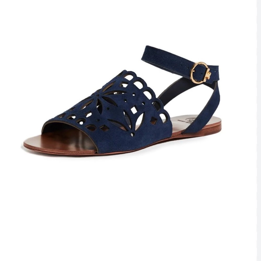 Tory Burch Navy Blue Laser Cut Suede ankle-wrapping straps flat sandals. Worn 1X